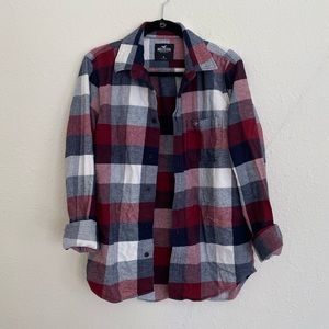 Hollister mens flannel, size medium, red white and blue